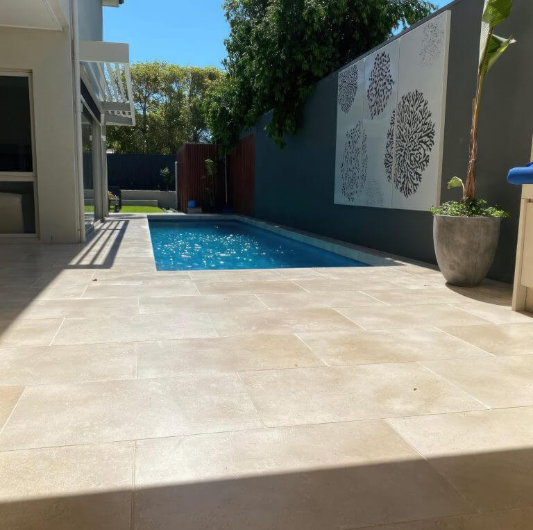 Galala Honed Limestone tiles used for outdoors paving and pool coping