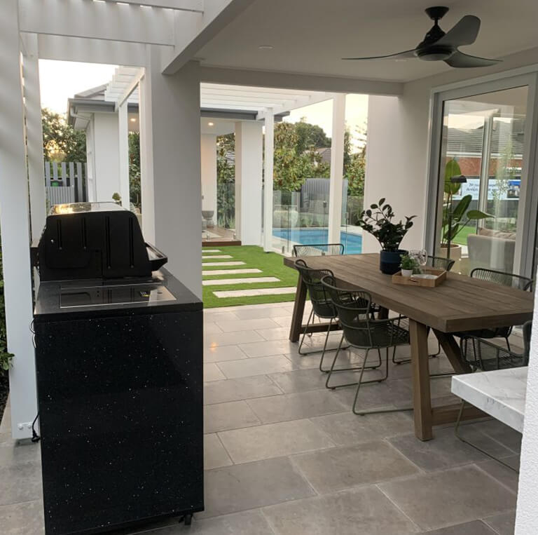 London Grey ,Egyptian Limestone tiles used for pool coping and outdoors paving for a villa in Australia